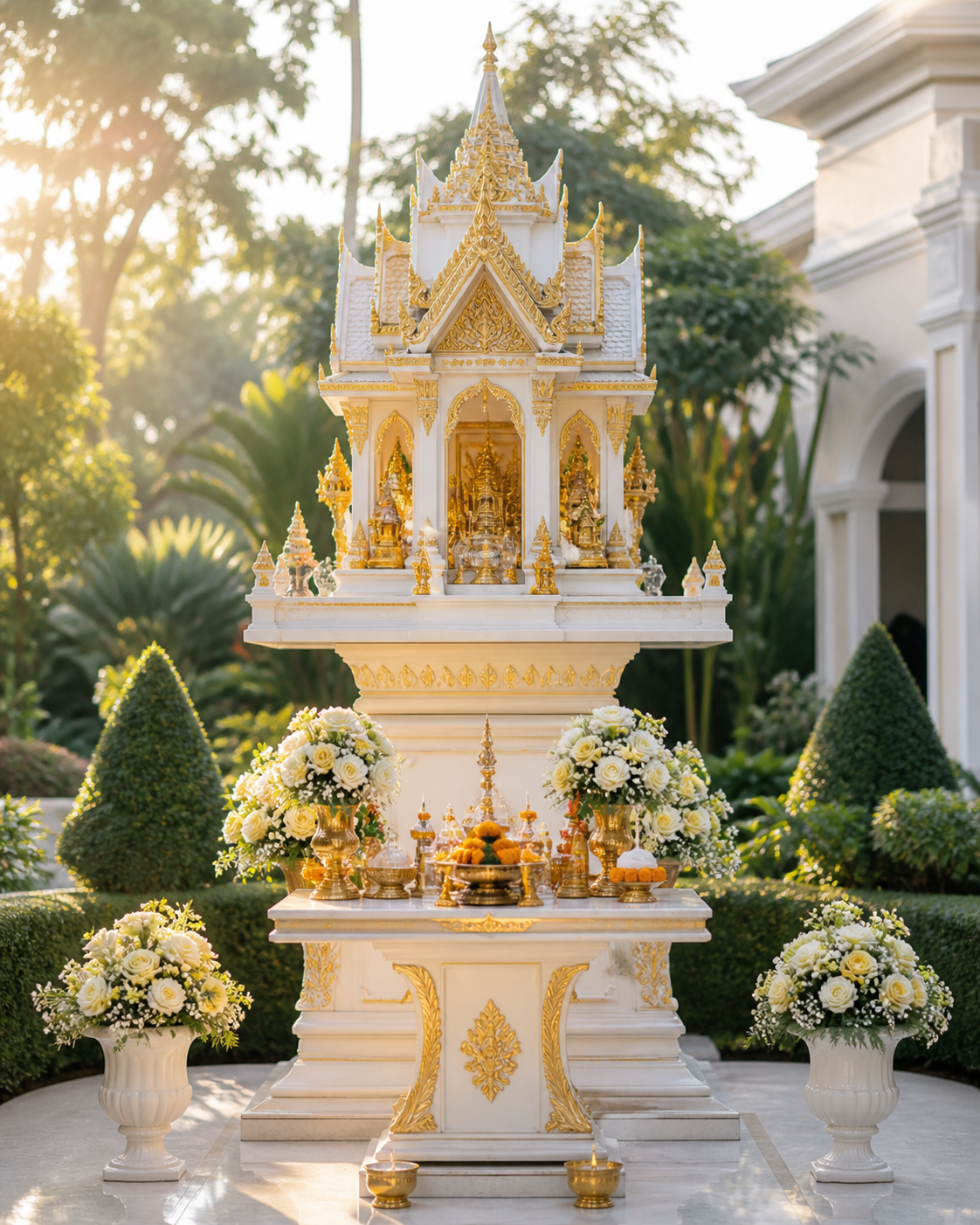 ภาพศาลพระภูมิสีขาวทองและเครื่องสักการะ